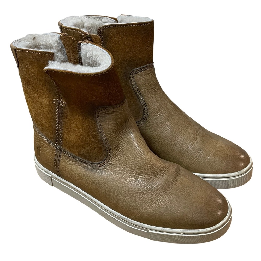 FRYE Gemma Tan Brown Shearling Lined Leather & Suede‎ Zip Ankle Boots Women's 6M
